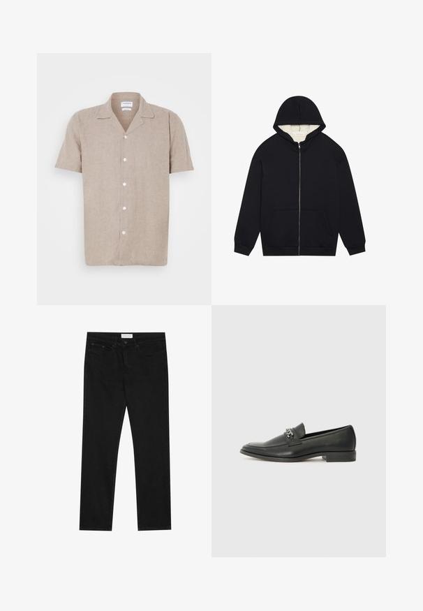 Μαύρο φούτερ με φερμουάρ και απαλή, κρεμώδη fleece επένδυση. Διαθέτει κουκούλα, μπροστινές τσέπες και ριμπ μανσέτες. Απλός σχεδιασμός.; Μακρυμάνικο πουκάμισο από λινό σε ανοιχτό μπεζ χρώμα με γιακά με νότες και λευκά κουμπιά κατά μήκος του μπροστινού μέρους, χαρακτηριστικό του είναι το λείο, υφασμένο ύφασμα.; Μαύρα τζιν ίσιας γραμμής με πέντε τσέπες, κλείσιμο με κουμπί και φερμουάρ, και ετικέτα μάρκας Pier One στη μέση.; Μαύρη δερμάτινη λοφάρα με λείο φινίρισμα, που διαθέτει ραμμένο σχέδιο και διακοσμητική μεταλλική αλυσίδα πάνω από το μπροστινό μέρος. Χαμηλή φτέρνα.