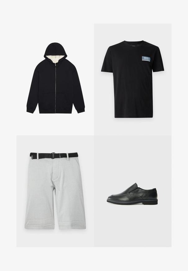 Felpa nera con zip e una morbida fodera in pile color crema. Presenta un cappuccio, tasche frontali e polsini a costine. Design semplice.; T-shirt nero a maniche corte realizzato in tessuto morbido, con una toppa rettangolare blu recante la scritta "DENIM TOM TAILOR" sul lato sinistro del petto.; Pantaloni corti grigio chiaro in tessuto texturizzato, con una cintura nera regolabile e due tasche laterali, orlati a ginocchio con un taglio dritto.; Scarpa nera in pelle con inserto scivolare, superiore liscio, dettagli cuciti, punta arrotondata e tacco in gomma basso. La suola presenta un battistrada minimale.