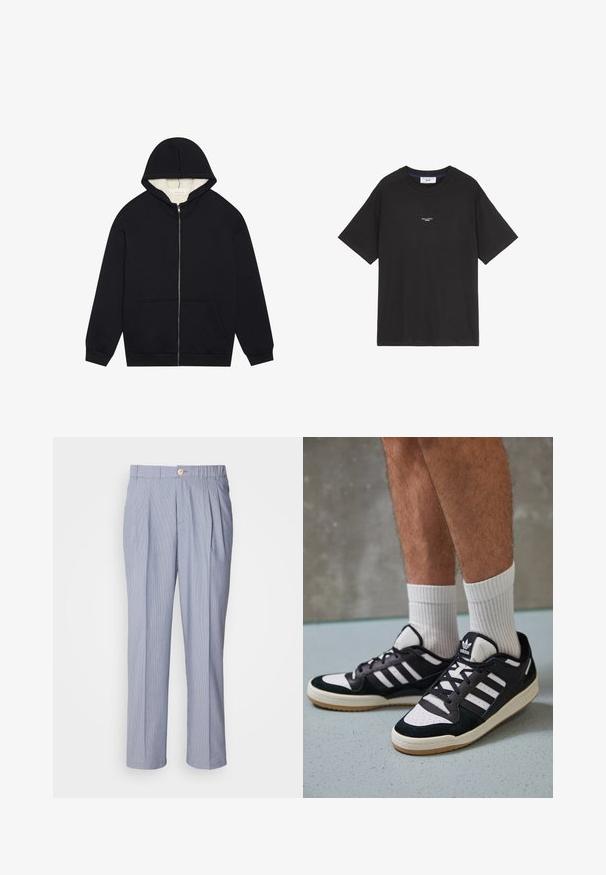 Fekete cipzáros kapucnis pulóver, puha, krémszínű bolyhos béléssel. Jellemzői közé tartozik a kapucni, a elülső zsebek és a bordázott mandzsetta. Egyszerű dizájn.; Fekete pamut póló kerek nyakkivágással és rövid ujjakkal. Elöl egy kisebb fehér logó található. Egyszerű dizájn, laza szabású.; Világoskék és fehér csíkos nadrág, gombos záródással, plissézett elejével és egyenes szárú kivitelével. Sima, kellemes tapintású anyag.; Fekete-fehér tornacipők velúr és bőr felsőrésszel, három fehér csíkkal, perforált orral és gumi talppal.