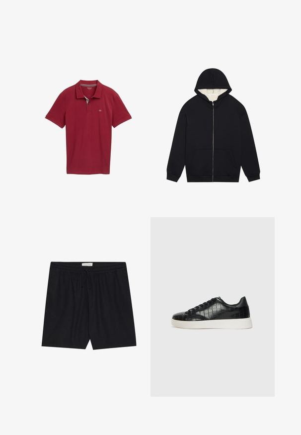 Črna zip-up kapuca z mehkim kremnim flisom. Ima kapuco, sprednje žepke in rebraste manšete. Preprost dizajn.; Rdeča polo majica s ovratnikom, kratkimi rokavi in teksturirano tkanino. Ima majhen logotip na levi strani prsnega koša.; Črne kratke hlače z elastičnim pasom in vrvico za zategovanje, z gladko teksturo in ravnim krojem, primerne za sproščeno nošenje.; Črne športne copate z zgornjim delom iz teksturirane usnjene tkanine s kroko, zaobljenim nosom in kontrastnim belim gumijastim podplatom z gladko površino.