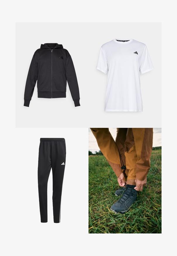 Sort zip-up hættetrøje med lange ærmer, forlommer, ribbede manchetter og kant, samt et lille logo på venstre bryst.; Hvid sports t-shirt med korte ærmer, lavet af fugttransporterende stof. Har et sort logo på venstre bryst og en mønstret indvendig halsudskæring.; Sorte træningsbukser med en strækbar talje, hvide sidelameller og et lille hvidt logo på låret. Fremstillet af et glat, let materiale.; Sorte vandrestøvler med teksturerede overdele og snørebånd, iført brune vandtætte bukser, sat på grøn græs under en skyet himmel.