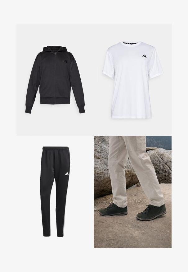 Hanorac negru cu fermoar, cu mâneci lungi, buzunare frontale, mansete și tiv din material elastic, și un mic logo pe pieptul stâng.; Tricou sportiv alb cu mâneci scurte, fabricat dintr-un material care elimina umezeala. Are un logo negru pe pieptul stâng și o guler interiory cu un design patterned.; Pantaloni sport negru cu un brâu elastic, dungi albe pe lateral și un mic logo alb pe coapsă. Realizați dintr-un material neted și ușor.; Lowa BELLAGIO GTX LO - Pantofi drumeție - oliv