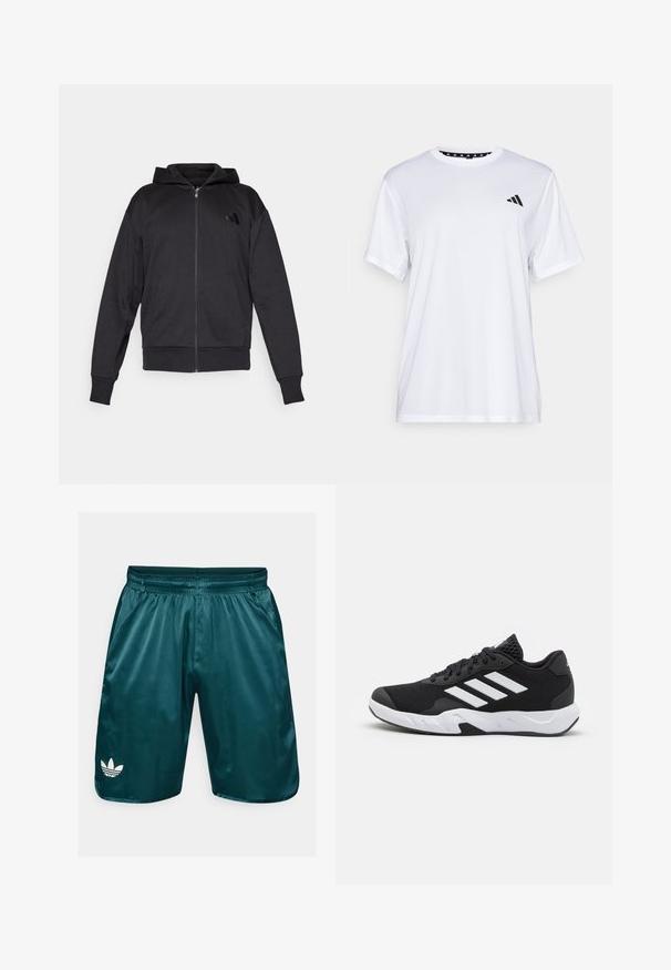 Sudadera con cremallera negra, de manga larga, con bolsillos frontales, puños y dobladillo acanalados, y un pequeño logo en el lado izquierdo del pecho.; Camiseta atlética blanca de manga corta, hecha de una tela que absorbe la humedad. Presenta un logo negro en el lado izquierdo del pecho y un cuello interior con un diseño estampado.; Pantalones cortos de satén verde azulado con cintura elástica, bolsillos laterales y logo trefoil blanco de Adidas en la pierna izquierda. Textura suave, diseño hasta la rodilla.; Zapatillas deportivas negras con una parte superior de malla texturizada, rayas de acento blancas, suela acolchada y talón reforzado para mayor soporte.