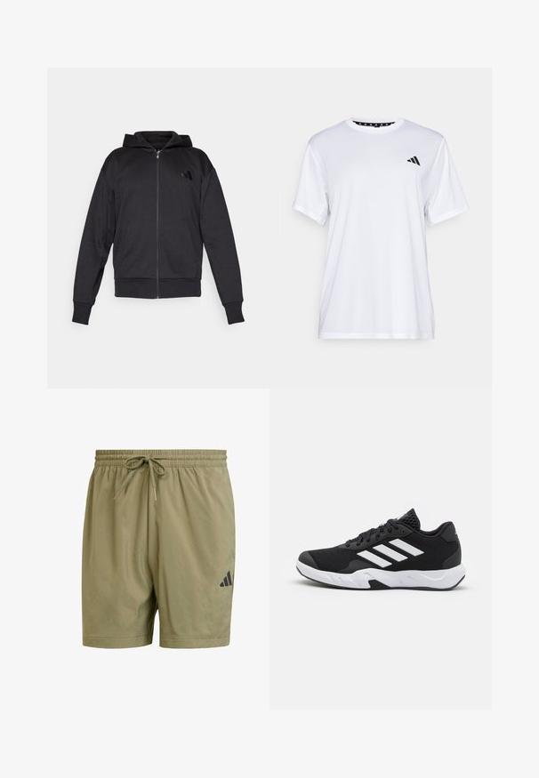 Mustat vetoketjuhupparit, joissa on pitkät hihat, etutaskut, ribbauskankaiset hihansuut ja helma, sekä pieni logo vasemmassa rinnassa.; Valkoinen urheilupaita lyhyillä hihoilla, valmistettu kosteutta siirtävästä kankaasta. Vasemmassa rinnassa on musta logo ja kauluksen sisäpuolella on kuvio.; Miestne plavecké šortky, olivovo zelené, ľahký materiál, elastický pás, šnúrka, bočné vrecká, čierny logom detail na dolnej pravej strane.; Mustat urheilukengät, joissa on teksturoitu verkkomateriaali yläosassa, valkoiset korostusraidat, pehmustettu pohja ja vahvistettu kanta tuen vuoksi.