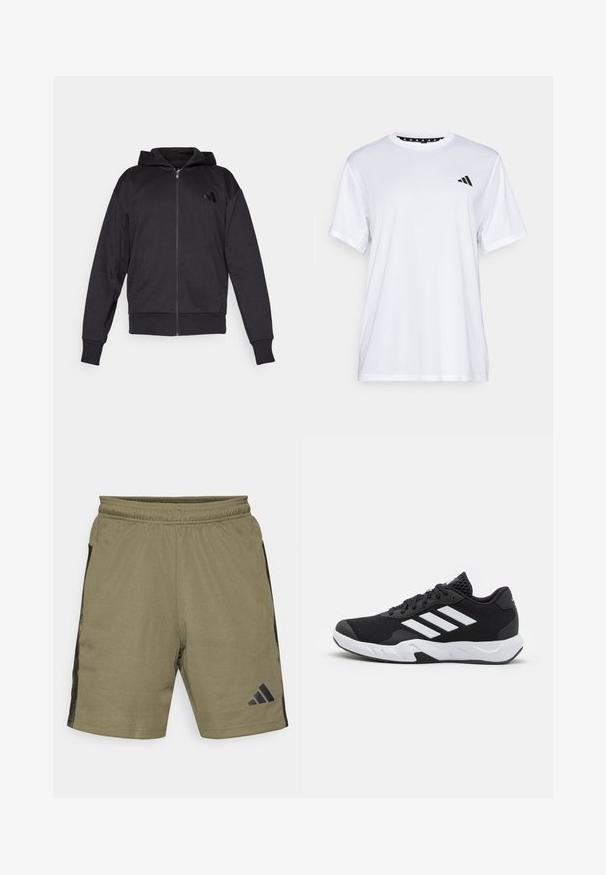 Mustmustaga musta kapuutsiga, pika varrukaga, ees taskutega, soonikuga varruka- ja alumise servaga ning väike logo vasakul rinnal.; Valge sportlik T-särk lühikeste varrukatega, valmistatud niiskust eemaldavast kangast. Ees on must logo vasakul rinnal ja soe mustriline kaelaosa.; Olive roheline sportlik lühike püks, millel on elastne vöökoht, mustad külgpaneelid ja logo vasakul alumisel jalal. Valmistatud tekstuurilisest kangast.; Mustad mustosportlikud jalanõud, millel on tekstuuriga võrkpealne, valged aksenttriibud, pehme tallaga ja tugevdatud konts toe jaoks.