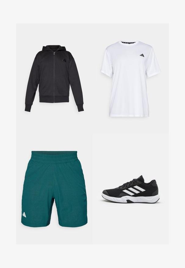 Mustmustaga musta kapuutsiga, pika varrukaga, ees taskutega, soonikuga varruka- ja alumise servaga ning väike logo vasakul rinnal.; Valge sportlik T-särk lühikeste varrukatega, valmistatud niiskust eemaldavast kangast. Ees on must logo vasakul rinnal ja soe mustriline kaelaosa.; Taeal värvi spordilühikesed püksid, mis on valmistatud kergest kangast, elastse vöökoha ja mustriga tekstuuriga ning väikese valge logoga vasakul pool.; Mustad mustosportlikud jalanõud, millel on tekstuuriga võrkpealne, valged aksenttriibud, pehme tallaga ja tugevdatud konts toe jaoks.