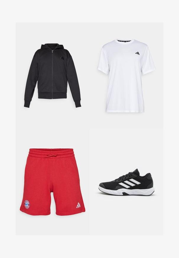 Haut à capuche noir zippé avec des manches longues, des poches avant, des poignets et un ourlet côtelés, et un petit logo sur la poitrine gauche.; T-shirt de sport blanc à manches courtes, fabriqué en tissu évacuant l'humidité. Présente un logo noir sur la poitrine gauche et un col intérieur à motifs.; Shorts de sport rouges en tissu doux et respirant. Dotés d'une taille élastique avec cordon de serrage, du logo FC Bayern München et du branding Adidas.; Baskets de sport noires avec une tige en mesh texturé, des rayures blanches, une semelle rembourrée et un talon renforcé pour le soutien.