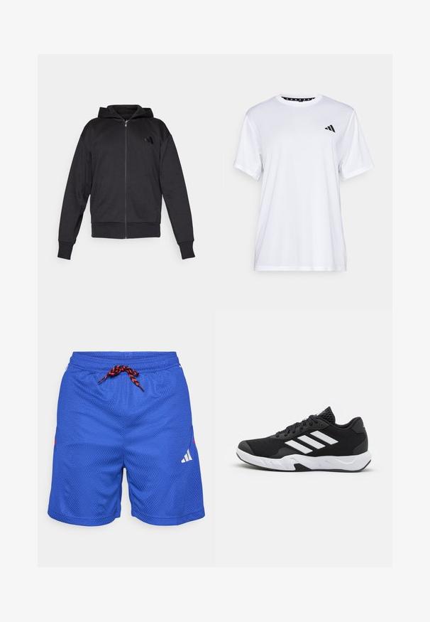 Crna zip-up dukserica s dugim rukavima, prednjim džepovima, rebrastim manžetama i donjim rubom, te malim logotipom na lijevoj strani prsnog koša.; Bijela atletska majica kratkih rukava, napravljena od tkanine koja upija vlagu. Ima crni logo na lijevoj strani prsiju i uzorčeni unutarnji obrub dekoltea.; Plave atletske kratke hlače s teksturiranim uzorkom, elastičnim pojasom, crvenim i crnim vezicom te bijelim logotipom na lijevoj nozi.; Crne atletske cipele s teksturiranim mrežastim gornjim dijelom, bijelim naglasnim trakama, podstavljenim potplatom i ojačanim petom za podršku.