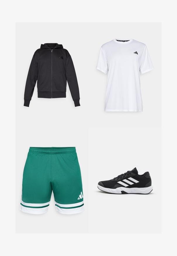 Zwarte zip-up hoodie met lange mouwen, voorzakken, geribde manchetten en zoom, en een klein logo op de linker borst.; Witte sport T-shirt met korte mouwen, gemaakt van vochtafvoerende stof. Heeft een zwart logo op de linkerkant van de borst en een gemusterde binnenhals.; Groene sportshorts met een elastische tailleband, voorzien van witte strepen en accenten. Gemaakt van een gladde stof met een logo aan de zijkant.; Zwarte sportieve schoenen met een geperforeerde mesh bovenkant, witte accentstrepen, een gevoerde zool en een versterkte hiel voor extra ondersteuning.