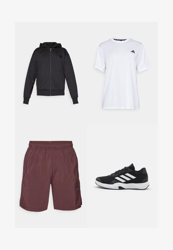 Black zip-up hoodie with long sleeves, front pockets, ribbed cuffs and hem, and a small logo on the left chest.; White athletic t-shirt with short sleeves, made from moisture-wicking fabric. Features a black logo on the left chest and a patterned interior neckline.; adidas Performance TR-ES WV SHO - Sports shorts - shadow brown/black; Black athletic shoes with a textured mesh upper, white accent stripes, a cushioned sole, and a reinforced heel for support.