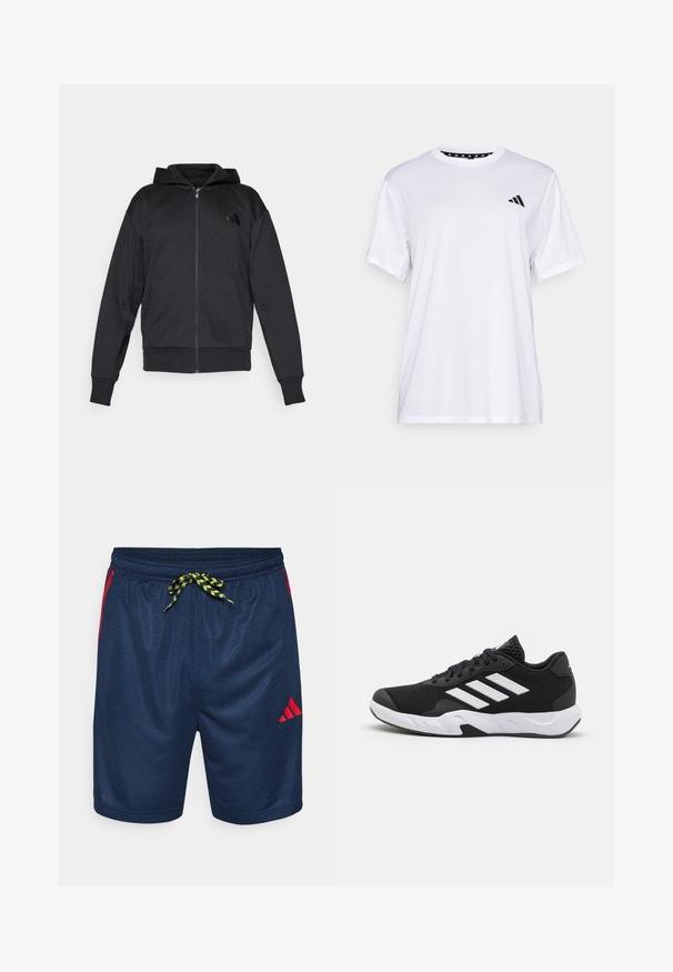 Czarna bluza z zamkiem na całej długości, z długimi rękawami, kieszeniami z przodu, ściągaczami przy mankietach i u dołu oraz małym logo na lewej piersi.; Biała koszulka sportowa z krótkim rękawem, wykonana z materiału odprowadzającego wilgoć. Posiada czarne logo na lewej piersi oraz wzorzystą podszewkę kołnierza.; Granatowe spodenki sportowe z siateczki, z żółtym i czarnym sznurkiem oraz czerwonymi akcentami po bokach i logo Adidas.; Czarne buty sportowe z teksturowaną siateczką u góry, białymi paskami akcentującymi, amortyzującą podeszwą i wzmocnionym piętą dla wsparcia.