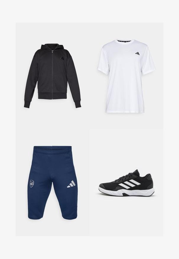 Juoda užtrauktuku užsidėta kapšas su ilgomis rankovėmis, priekinėmis kišenėmis, derančiais rankogaliais ir apvadu, bei maža logotipo etikete kairėje krūtinės pusėje.; Balta sportinė marškinėliai trumpomis rankovėmis, pagaminti iš drėgmę šalinančios medžiagos. Kairėje krūtinės pusėje yra juodas logotipas, o apykaklės viduje yra raštuotas dizainas.; Tamsiai mėlynos sportinės šortai, pagaminti iš elastingos medžiagos, su „Arsenal“ logotipu kairiajame šone ir trimis baltomis „Adidas“ juostomis dešiniajame šone.; Juodi sportiniai batai su tekstūruotu tinkliniu paviršiumi, baltais akcentų dryžiais, paminkštintu padu ir sustiprintu kulnu paramai.