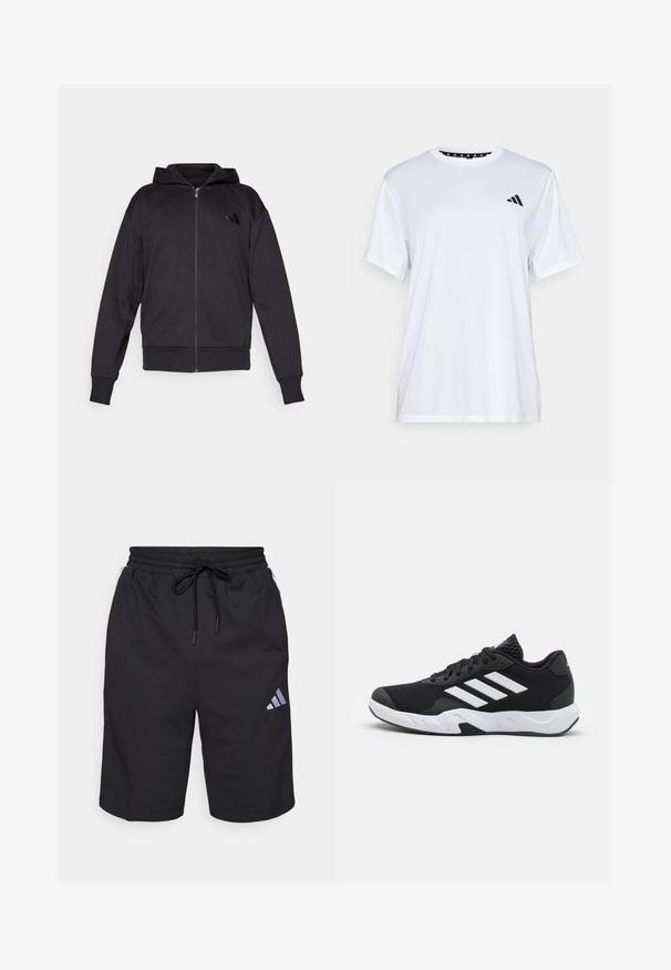 Svart hettegenser med glidelås, lange ermer, lommer foran, ribbestrikkede mansjetter og hem, samt en liten logo på venstre bryst.; Hvit trenings T-skjorte med korte ermer, laget av fukttransporterende stoff. Har en svart logo på venstre bryst og et mønstrete innvendig halsåpning.; Svarte atletiske shorts laget av myk, pustende stoff. Har elastisk midjebånd med snor og et karakteristisk diagonalt logo.; Sorte joggesko med teksturert mesh-overdel, hvite aksentstriper, en polstret såle og en forsterket hæl for støtte.