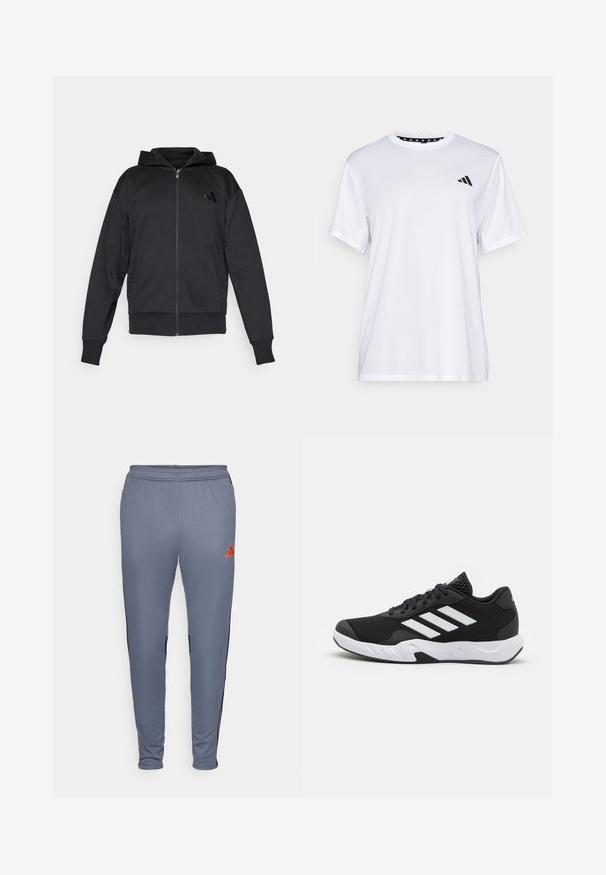 Sort zip-up hættetrøje med lange ærmer, forlommer, ribbede manchetter og kant, samt et lille logo på venstre bryst.; Hvid sports t-shirt med korte ærmer, lavet af fugttransporterende stof. Har et sort logo på venstre bryst og en mønstret indvendig halsudskæring.; Grå træningsbukser med en tapered pasform, der har sorte sidepaneler og et orange Adidas-logo på den øverste højre lår. Blødt, strækbart materiale.; Sorte atletiksko med en tekstureret mesh-overdel, hvide accentstriber, en polstret sål og en forstærket hæl for støtte.