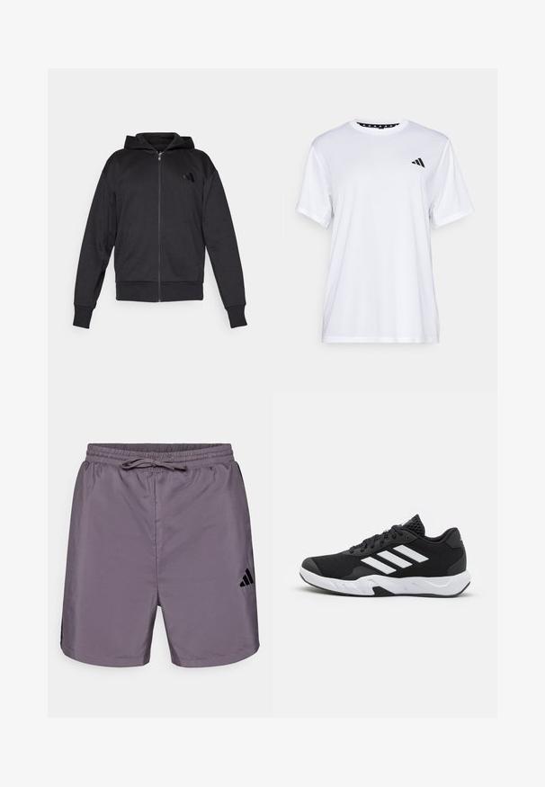 Melna zipa džemperis ar garām piedurknēm, priekšējām kabatām, ribotām aprocēm un apakšmalu, kā arī neliec logo kreisajā krūtī.; Balts sporta T-krekls ar īsām piedurknēm, izgatavots no mitrumu absorbējoša auduma. Tam ir melns logo kreisajā krūtī un rakstains iekšējais apkakles piegriezums.; Pelēki sporta šorti ar elastīgu jostu un auklu. Iekļauti melni sānu akcenti un Adidas logo labajā apakšējā pusē.; Melnas sporta kurpes ar teksturētu acu augšdaļu, baltām akcentu svītrām, mīkstu zoli un pastiprinātu papēdi atbalstam.