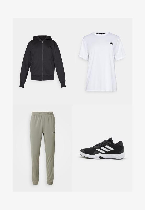 Crna zip-up dukserica s dugim rukavima, prednjim džepovima, rebrastim manžetama i donjim rubom, te malim logotipom na lijevoj strani prsnog koša.; Bijela atletska majica kratkih rukava, napravljena od tkanine koja upija vlagu. Ima crni logo na lijevoj strani prsiju i uzorčeni unutarnji obrub dekoltea.; Svijetlozeleni atletski hlače s elastičnom vrstom, sužavaju se prema dnu, s detaljima u crnoj boji. Napravljene su od glatkog, prozračnog materijala.; Crne atletske cipele s teksturiranim mrežastim gornjim dijelom, bijelim naglasnim trakama, podstavljenim potplatom i ojačanim petom za podršku.