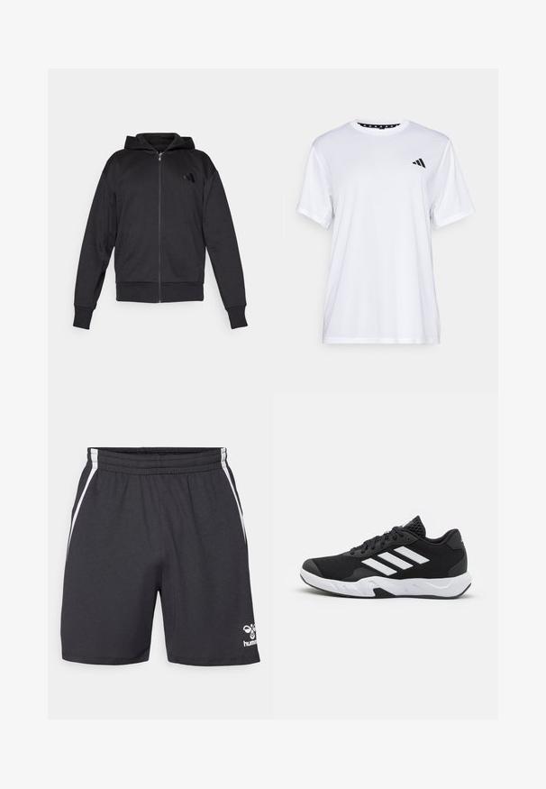 Mustmustaga musta kapuutsiga, pika varrukaga, ees taskutega, soonikuga varruka- ja alumise servaga ning väike logo vasakul rinnal.; Valge sportlik T-särk lühikeste varrukatega, valmistatud niiskust eemaldavast kangast. Ees on must logo vasakul rinnal ja soe mustriline kaelaosa.; Mustad mustad lühikesed püksid struktuurse kangaga, valgete külje triipudega ja logoga paremas allnurgas. Elastsed vöökoht tagab sobivuse.; Mustad mustosportlikud jalanõud, millel on tekstuuriga võrkpealne, valged aksenttriibud, pehme tallaga ja tugevdatud konts toe jaoks.