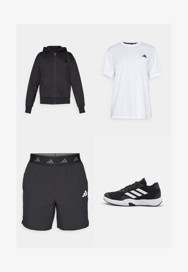 Černá mikina na zip s dlouhými rukávy, předními kapsami, žebrovanými manžetami a lemem, a malým logem na levé hrudi.; Bílý sportovní tričko s krátkými rukávy, vyrobené z materiálu odvádějícího vlhkost. Na levé straně hrudi se nachází černé logo a vnitřní límec je vzorovaný.; Černé sportovní šortky vyrobené z lehkého materiálu. Mají elastický pas s vzorovaným logem a malé bílé logo na levé straně.; Černé sportovní boty s texturovaným síťovaným svrškem, bílými akcentními pruhy, polstrovanou podrážkou a vyztuženým patem pro podporu.