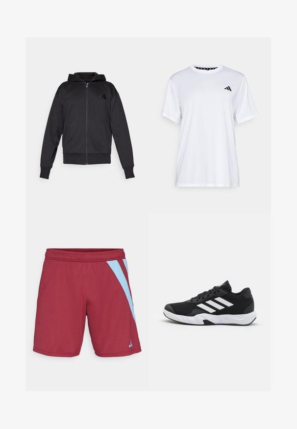 Crna zip-up dukserica s dugim rukavima, prednjim džepovima, rebrastim manžetama i donjim rubom, te malim logotipom na lijevoj strani prsnog koša.; Bijela atletska majica kratkih rukava, napravljena od tkanine koja upija vlagu. Ima crni logo na lijevoj strani prsiju i uzorčeni unutarnji obrub dekoltea.; Burgundijske atletske kratke hlače s svijetloplavim bočnim prugama, elastičnim pojasom i glatkom teksturom, dizajnirane za udobnost i fleksibilnost u pokretu.; Crne atletske cipele s teksturiranim mrežastim gornjim dijelom, bijelim naglasnim trakama, podstavljenim potplatom i ojačanim petom za podršku.