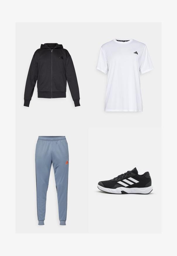 Svart hettegenser med glidelås, lange ermer, lommer foran, ribbestrikkede mansjetter og hem, samt en liten logo på venstre bryst.; Hvit trenings T-skjorte med korte ermer, laget av fukttransporterende stoff. Har en svart logo på venstre bryst og et mønstrete innvendig halsåpning.; Lyseblå treningsbukser med tapered fit, svarte sidelapper, og en oransje logo på låret, laget av et glatt og pustende materiale.; Sorte joggesko med teksturert mesh-overdel, hvite aksentstriper, en polstret såle og en forsterket hæl for støtte.