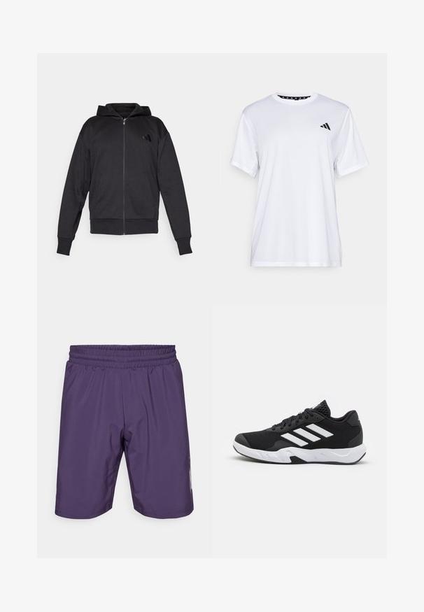 Čierna mikina s kapucňou na zips, dlhé rukávy, predné vrecká, rebrované manžety a spodný lem, a malá značka na ľavej strane hrude.; Biely športový tričko s krátkymi rukávmi, vyrobené z materiálu, ktorý odvádza vlhkosť. Má čierne logo na ľavej hrudi a vzorovaný vnútorný golier.; Fialové športové šortky s elastickým pásom, hladkou textúrou a bočnými akcentmi. Majú dĺžku do polovice stehna a jednoduchý dizajn.; Čierne športové topánky s textúrovaným sieťovinovým zvrškom, bielymi akcentovými pruhmi, polstrovanou podrážkou a spevneným pätou pre podporu.