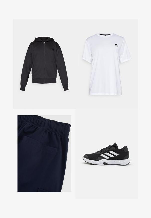 Schwarze Zip-Hoodie mit langen Ärmeln, vorderen Taschen, gerippten Bündchen und Saum sowie einem kleinen Logo auf der linken Brust.; Weißes sportliches T-Shirt mit kurzen Ärmeln, aus feuchtigkeitsableitendem Material. Mit einem schwarzen Logo auf der linken Brust und einem gemusterten Innenkragen.; Marineblaue Hose mit elastischem Bund und glatter Textur, ausgestattet mit einer Seitentasche und einfachem Design, das Funktionalität und Komfort betont.; Schwarze Sportschuhe mit einem strukturierten Mesh-Obermaterial, weißen Akzentstreifen, einer gepolsterten Sohle und einer verstärkten Ferse für Unterstützung.