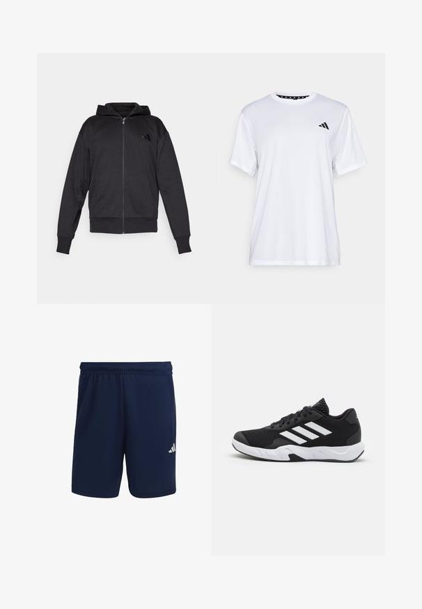 Svart zip-up huvtröja med långa ärmar, framfickor, ribbad mudd och nederkant, samt en liten logotyp på vänster bröst.; Vit sporttopp med kort ärm, tillverkad av fukttransporterande tyg. Har en svart logotyp på vänster bröst och ett mönstrat inre halsringning.; Marinblå träningstights i lätt tyg, med elastisk midja och en vit logotyp på nedre vänstra benet.; Svarta sportskor med ett texturerat nätövre, vita accentlinjer, en dämpad sula och en förstärkt häl för stöd.