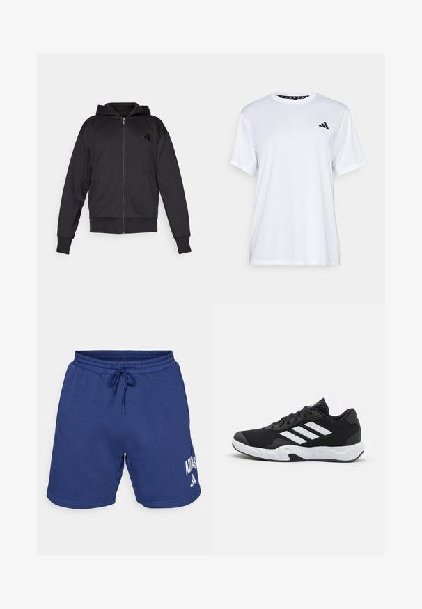Fleece preto com fecho éclair, mangas longas, bolsos frontais, punhos e bainha canelados, e um pequeno logótipo no lado esquerdo do peito.; Camiseta atlética branca de mangas curtas, feita de tecido que absorve a humidade. Apresenta um logótipo preto no lado esquerdo do peito e um decote interior com padrão.; Calções atléticos azuis feitos de tecido suave. Apresentam uma cintura elástica com cordão e o logótipo da Adidas impresso em branco.; Tenis negros desportivos com um superior em malha texturizada, riscas brancas de destaque, sola acolchoada e um calcanhar reforçado para suporte.