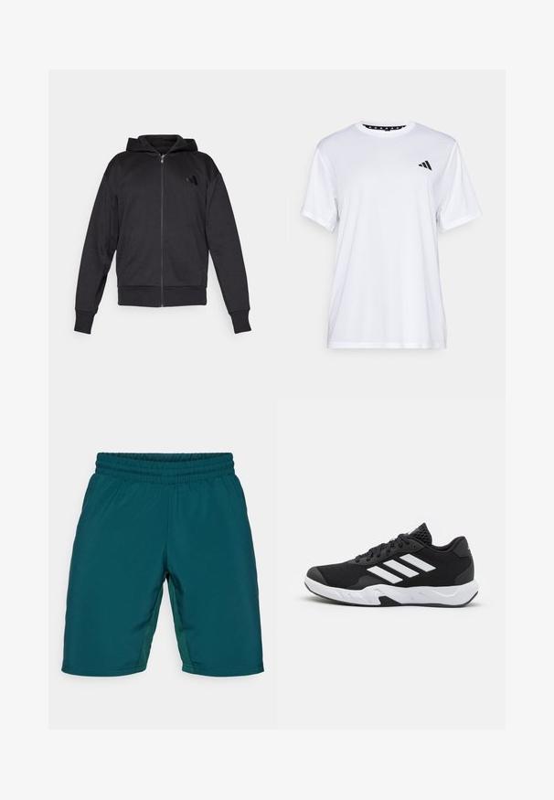 Sudadera con cremallera negra, de manga larga, con bolsillos frontales, puños y dobladillo acanalados, y un pequeño logo en el lado izquierdo del pecho.; Camiseta atlética blanca de manga corta, hecha de una tela que absorbe la humedad. Presenta un logo negro en el lado izquierdo del pecho y un cuello interior con un diseño estampado.; Pantalones cortos deportivos color turquesa con una cinturilla elástica, paneles laterales y una tela suave ligera. Sin bolsillos ni detalles visibles.; Zapatillas deportivas negras con una parte superior de malla texturizada, rayas de acento blancas, suela acolchada y talón reforzado para mayor soporte.