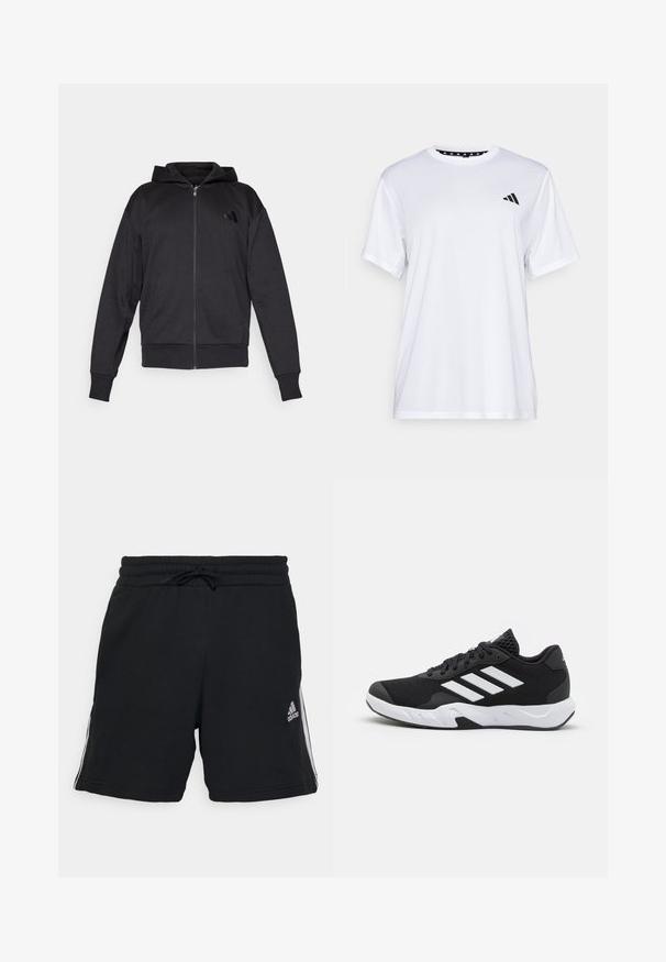 Črna zadrgasta jopica s dolgimi rokavi, sprednjimi žepi, ribastimi manšetami in robom ter majhnim logotipom na levem prsnem delu.; Bela športna majica s kratkimi rokavi, izdelana iz tkanine, ki odvaja vlago. Ima črn logotip na levem prsnem delu in vzorčasto notranjo vratno odprtino.; adidas Sportswear Športne kratke hlače - black; Črne atletske čevlje z strukturiranim mrežastim zgornjim delom, belimi poudarnimi črtami, oblazinjenim podplatom in ojačanim petnim delom za podporo.