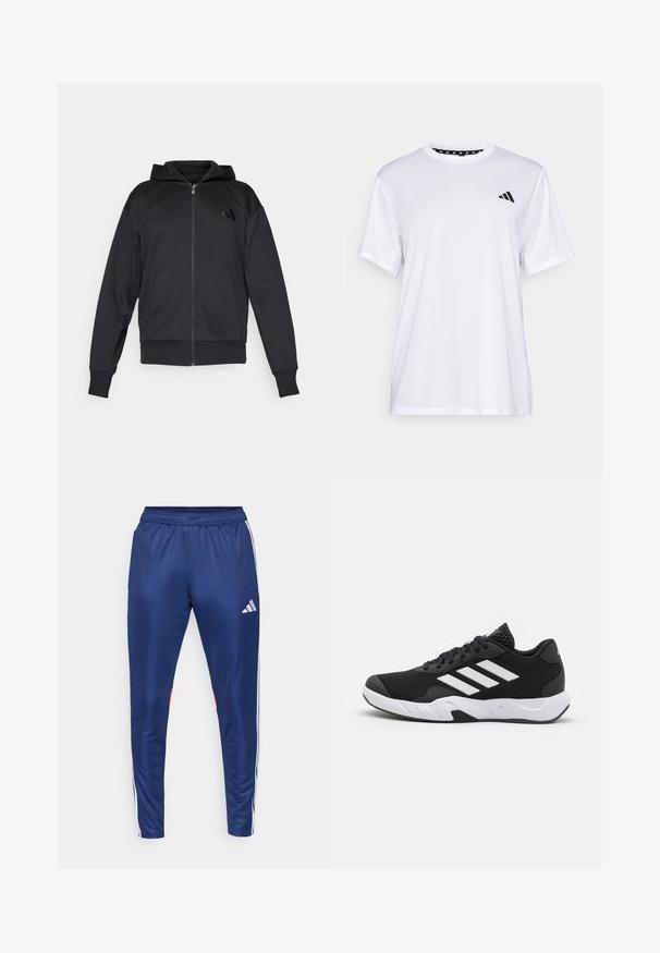 Black zip-up hoodie with long sleeves, front pockets, ribbed cuffs and hem, and a small logo on the left chest.; White athletic t-shirt with short sleeves, made from moisture-wicking fabric. Features a black logo on the left chest and a patterned interior neckline.; Navy athletic pants made of smooth material with white side stripes, elastic waistband, and a red accent on the lower hem.; Black athletic shoes with a textured mesh upper, white accent stripes, a cushioned sole, and a reinforced heel for support.