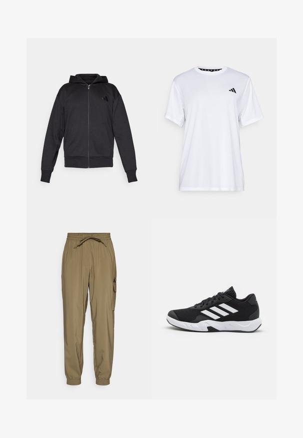 Svart hettegenser med glidelås, lange ermer, lommer foran, ribbestrikkede mansjetter og hem, samt en liten logo på venstre bryst.; Hvit trenings T-skjorte med korte ermer, laget av fukttransporterende stoff. Har en svart logo på venstre bryst og et mønstrete innvendig halsåpning.; Kaki joggebukser laget av lett materiale med elastisk midjebånd, snor og sidelommer med glidelås. Mansjettene er elastiske.; Sorte joggesko med teksturert mesh-overdel, hvite aksentstriper, en polstret såle og en forsterket hæl for støtte.