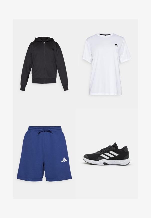 Fekete cipzáras kapucnis pulcsi hosszú ujjakkal, elülső zsebekkel, bordás mandzsettával és szegéllyel, valamint egy kis logóval a bal mellkason.; Fehér sportpóló rövid ujjal, nedvességelvezető anyagból készült. A bal mellrészen fekete logó található, és a nyak belső része mintás.; Sötétkék pamut sort, elasztikus derékkal és kötőfűzővel. Fehér logóval és oldalzsebekkel rendelkezik. Puha textúrájú és laza kialakítású.; Fekete sportcipők, textúrált hálós felsőrésszel, fehér díszcsíkokkal, párnázott talppal és megerősített sarokkal a stabilitás érdekében.