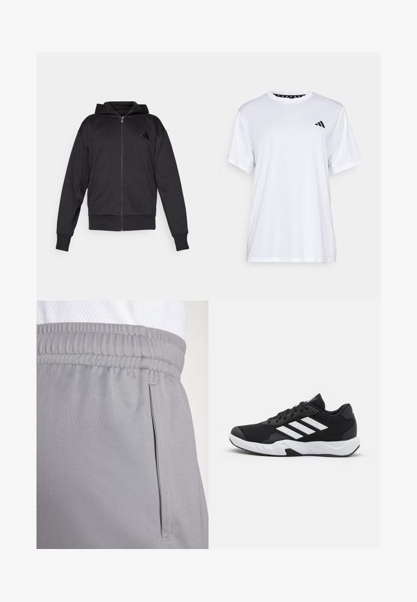 Mustmustaga musta kapuutsiga, pika varrukaga, ees taskutega, soonikuga varruka- ja alumise servaga ning väike logo vasakul rinnal.; Valge sportlik T-särk lühikeste varrukatega, valmistatud niiskust eemaldavast kangast. Ees on must logo vasakul rinnal ja soe mustriline kaelaosa.; Hallid hallid spordilühikesed, mis on valmistatud kerge kangaga, elastse vöökoha ja küljetaskuga. Sile tekstuur koos maheda õmblusdetailiga.; Mustad mustosportlikud jalanõud, millel on tekstuuriga võrkpealne, valged aksenttriibud, pehme tallaga ja tugevdatud konts toe jaoks.
