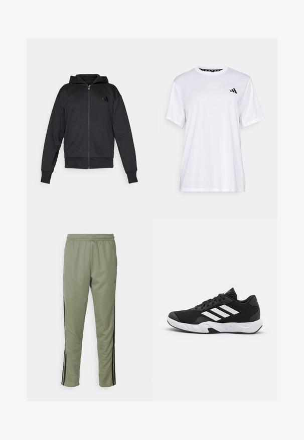 Fekete cipzáras kapucnis pulcsi hosszú ujjakkal, elülső zsebekkel, bordás mandzsettával és szegéllyel, valamint egy kis logóval a bal mellkason.; Fehér sportpóló rövid ujjal, nedvességelvezető anyagból készült. A bal mellrészen fekete logó található, és a nyak belső része mintás.; adidas Performance TRAIN ESSENTIALS 3-STRIPES - Tréningruha alsók - silver pebble/black; Fekete sportcipők, textúrált hálós felsőrésszel, fehér díszcsíkokkal, párnázott talppal és megerősített sarokkal a stabilitás érdekében.