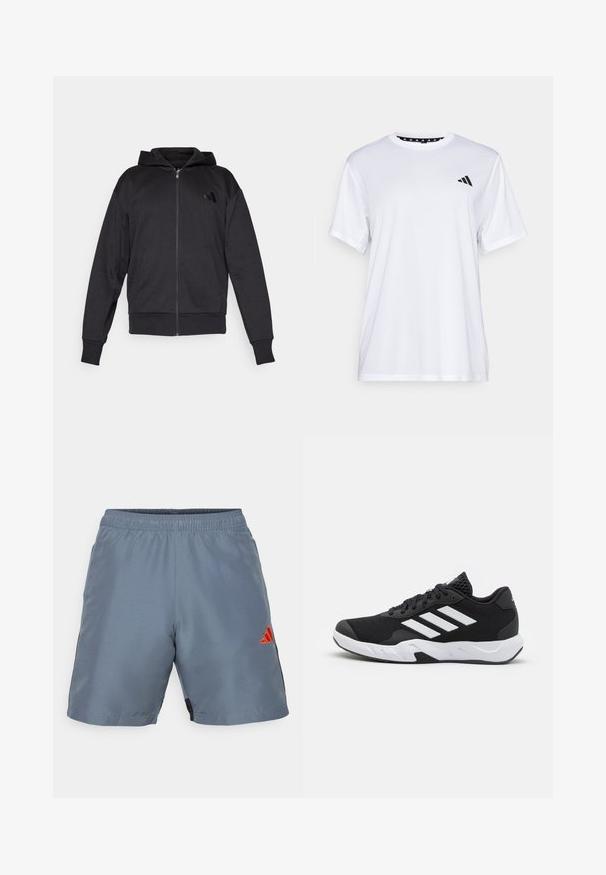 Fekete cipzáras kapucnis pulcsi hosszú ujjakkal, elülső zsebekkel, bordás mandzsettával és szegéllyel, valamint egy kis logóval a bal mellkason.; Fehér sportpóló rövid ujjal, nedvességelvezető anyagból készült. A bal mellrészen fekete logó található, és a nyak belső része mintás.; Szürke sportnadrág elasztikus derékpánttal, fekete oldalsó panelek, és narancssárga Adidas logó a bal lábon. Könnyű, sima tapintású.; Fekete sportcipők, textúrált hálós felsőrésszel, fehér díszcsíkokkal, párnázott talppal és megerősített sarokkal a stabilitás érdekében.