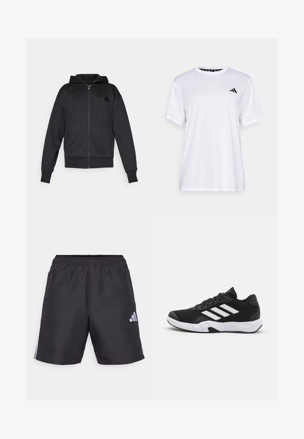 Svart hettegenser med glidelås, lange ermer, lommer foran, ribbestrikkede mansjetter og hem, samt en liten logo på venstre bryst.; Hvit trenings T-skjorte med korte ermer, laget av fukttransporterende stoff. Har en svart logo på venstre bryst og et mønstrete innvendig halsåpning.; Svart treningsshorts med elastisk midjebånd, med tre hvite vertikale striper på hver side og en liten hvit logo nederst til venstre.; Sorte joggesko med teksturert mesh-overdel, hvite aksentstriper, en polstret såle og en forsterket hæl for støtte.
