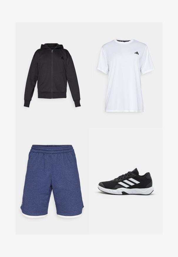 Melna zipa džemperis ar garām piedurknēm, priekšējām kabatām, ribotām aprocēm un apakšmalu, kā arī neliec logo kreisajā krūtī.; Balts sporta T-krekls ar īsām piedurknēm, izgatavots no mitrumu absorbējoša auduma. Tam ir melns logo kreisajā krūtī un rakstains iekšējais apkakles piegriezums.; Zili sporta šorti, izgatavoti no heather auduma. Iespējam elastīgs jostasvīrs un balts apmale kāju atverēs. Tieša griezuma dizains.; Melnas sporta kurpes ar teksturētu acu augšdaļu, baltām akcentu svītrām, mīkstu zoli un pastiprinātu papēdi atbalstam.