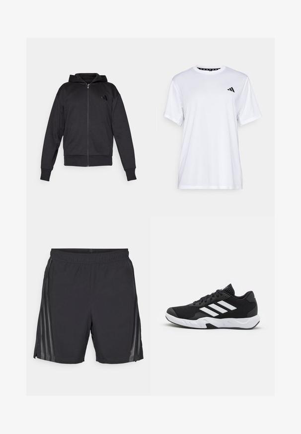 Čierna mikina s kapucňou na zips, dlhé rukávy, predné vrecká, rebrované manžety a spodný lem, a malá značka na ľavej strane hrude.; Biely športový tričko s krátkymi rukávmi, vyrobené z materiálu, ktorý odvádza vlhkosť. Má čierne logo na ľavej hrudi a vzorovaný vnútorný golier.; Čierne športové šortky vyrobené z ľahkého materiálu, s elastickým pásom, bočnými rozparkami a priehľadnými panelmi po stranách.; Čierne športové topánky s textúrovaným sieťovinovým zvrškom, bielymi akcentovými pruhmi, polstrovanou podrážkou a spevneným pätou pre podporu.