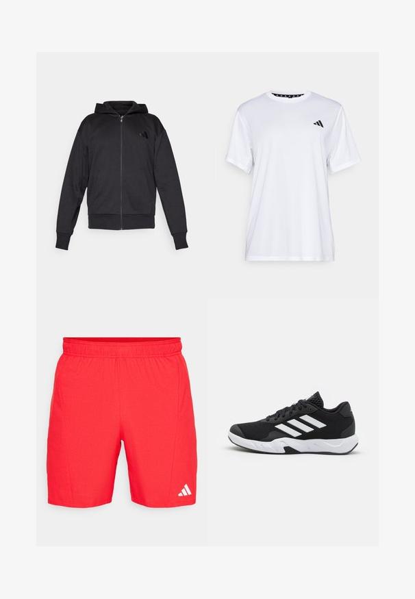 Černá mikina na zip s dlouhými rukávy, předními kapsami, žebrovanými manžetami a lemem, a malým logem na levé hrudi.; Bílý sportovní tričko s krátkými rukávy, vyrobené z materiálu odvádějícího vlhkost. Na levé straně hrudi se nachází černé logo a vnitřní límec je vzorovaný.; Červené atletické šortky s elastickým pasem, texturovaná látka a bílá značka Adidas poblíž lemu.; Černé sportovní boty s texturovaným síťovaným svrškem, bílými akcentními pruhy, polstrovanou podrážkou a vyztuženým patem pro podporu.