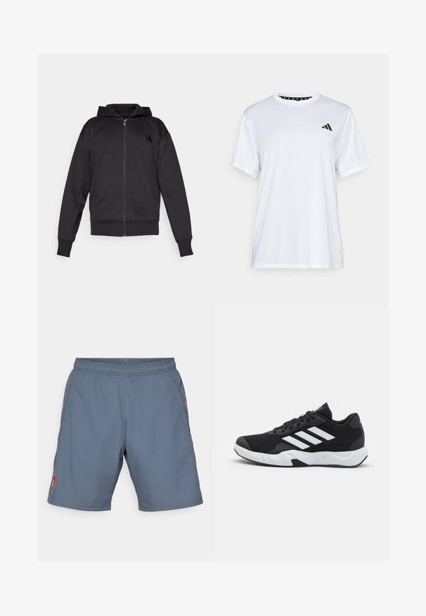 Čierna mikina s kapucňou na zips, dlhé rukávy, predné vrecká, rebrované manžety a spodný lem, a malá značka na ľavej strane hrude.; Biely športový tričko s krátkymi rukávmi, vyrobené z materiálu, ktorý odvádza vlhkosť. Má čierne logo na ľavej hrudi a vzorovaný vnútorný golier.; Šedé športové šortky s elastickým pásom, bočnými vreckami a červeným logom na ľavej nohe. Ľahká, hladká tkanina s jemným leskom.; Čierne športové topánky s textúrovaným sieťovinovým zvrškom, bielymi akcentovými pruhmi, polstrovanou podrážkou a spevneným pätou pre podporu.