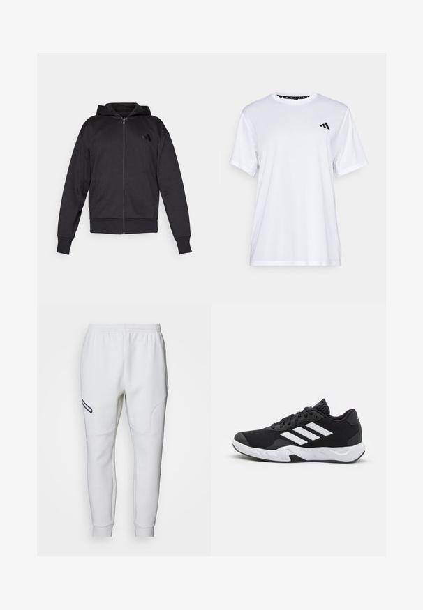 Black zip-up hoodie with long sleeves, front pockets, ribbed cuffs and hem, and a small logo on the left chest.; White athletic t-shirt with short sleeves, made from moisture-wicking fabric. Features a black logo on the left chest and a patterned interior neckline.; White sweatpants with a soft, smooth texture. Features curved side panels and a black accent stripe. Elastic waistband for adjustable fit.; Black athletic shoes with a textured mesh upper, white accent stripes, a cushioned sole, and a reinforced heel for support.