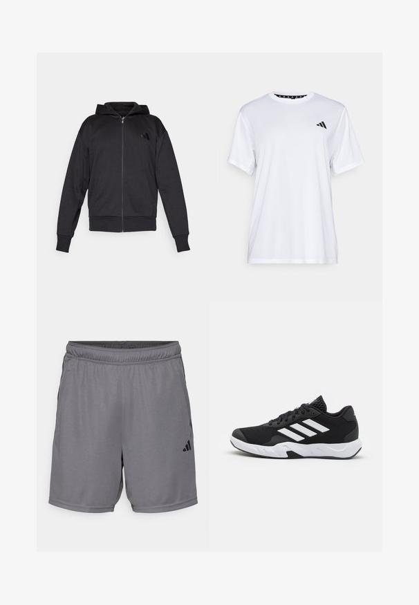 Sudadera con cremallera negra, de manga larga, con bolsillos frontales, puños y dobladillo acanalados, y un pequeño logo en el lado izquierdo del pecho.; Camiseta atlética blanca de manga corta, hecha de una tela que absorbe la humedad. Presenta un logo negro en el lado izquierdo del pecho y un cuello interior con un diseño estampado.; Pantalones cortos deportivos grises con cinturilla elástica, dos bolsillos laterales y un sutil acento de logo negro en la parte inferior izquierda. Tejido suave y ligero.; Zapatillas deportivas negras con una parte superior de malla texturizada, rayas de acento blancas, suela acolchada y talón reforzado para mayor soporte.