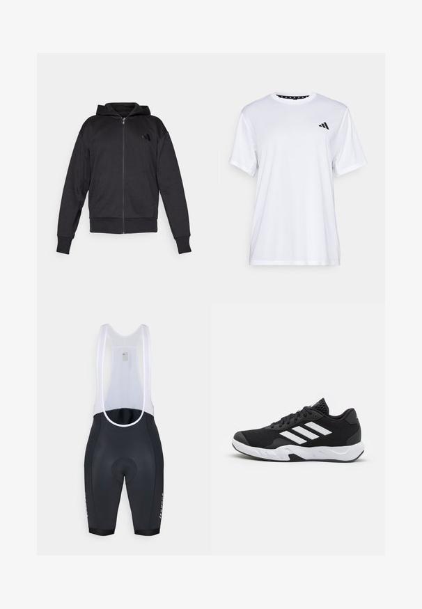 Hanorac negru cu fermoar, cu mâneci lungi, buzunare frontale, mansete și tiv din material elastic, și un mic logo pe pieptul stâng.; Tricou sportiv alb cu mâneci scurte, fabricat dintr-un material care elimina umezeala. Are un logo negru pe pieptul stâng și o guler interiory cu un design patterned.; Pantaloni scurți de ciclism negri cu bretele albe din plasă, zonă de șezut căptușită și un detaliu cu logo pe picior. Material neted cu un design ajustat.; Pantofi sport negri cu un material din plasă texturată, benzi albe de accent, o talpă cushioned și un călcâi întărit pentru suport.