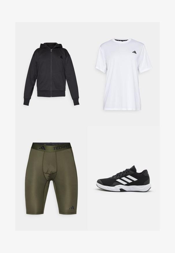 Mustat vetoketjuhupparit, joissa on pitkät hihat, etutaskut, ribbauskankaiset hihansuut ja helma, sekä pieni logo vasemmassa rinnassa.; Valkoinen urheilupaita lyhyillä hihoilla, valmistettu kosteutta siirtävästä kankaasta. Vasemmassa rinnassa on musta logo ja kauluksen sisäpuolella on kuvio.; Vihreät puristussortsit, joissa on musta TECHFIT-vyötärö, joka viehättää sileällä pinnallaan, istuvalla mallillaan ja huomaamattomalla saumarakenteellaan.; Mustat urheilukengät, joissa on teksturoitu verkkomateriaali yläosassa, valkoiset korostusraidat, pehmustettu pohja ja vahvistettu kanta tuen vuoksi.