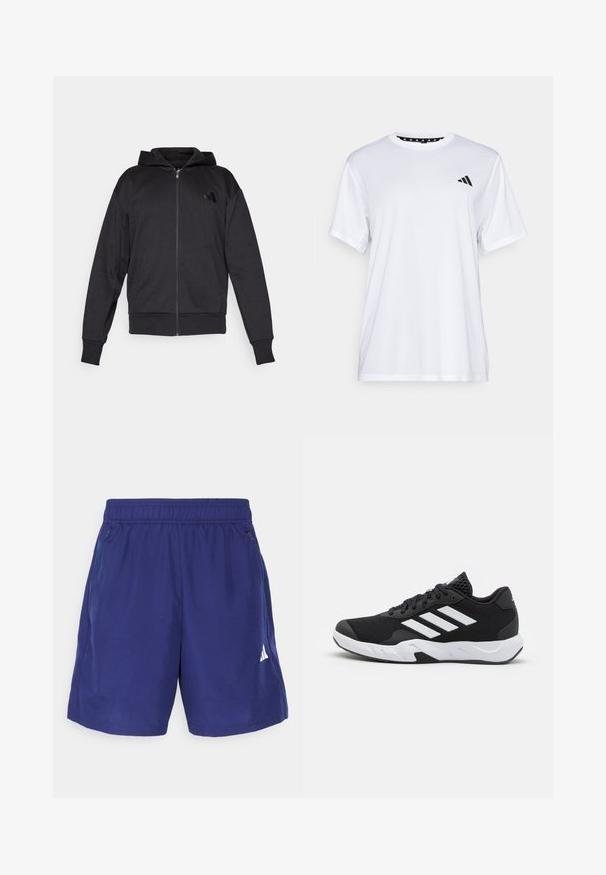 Černá mikina na zip s dlouhými rukávy, předními kapsami, žebrovanými manžetami a lemem, a malým logem na levé hrudi.; Bílý sportovní tričko s krátkými rukávy, vyrobené z materiálu odvádějícího vlhkost. Na levé straně hrudi se nachází černé logo a vnitřní límec je vzorovaný.; Námořnické sportovní šortky s elastickým pasem, bočními zipovými kapsami a bílým logem na dolní pravé straně. Hladká, lehká tkanina.; Černé sportovní boty s texturovaným síťovaným svrškem, bílými akcentními pruhy, polstrovanou podrážkou a vyztuženým patem pro podporu.