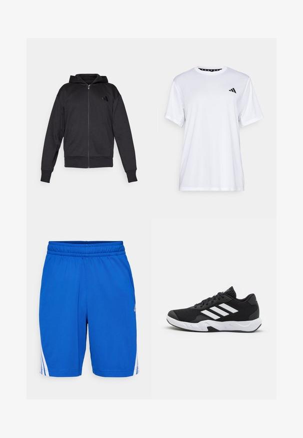 Fekete cipzáras kapucnis pulcsi hosszú ujjakkal, elülső zsebekkel, bordás mandzsettával és szegéllyel, valamint egy kis logóval a bal mellkason.; Fehér sportpóló rövid ujjal, nedvességelvezető anyagból készült. A bal mellrészen fekete logó található, és a nyak belső része mintás.; Kék atlétikai rövidnadrág sima anyagból, elasztikus derékpánttal és fehér díszcsíkokkal az oldalakon.; Fekete sportcipők, textúrált hálós felsőrésszel, fehér díszcsíkokkal, párnázott talppal és megerősített sarokkal a stabilitás érdekében.