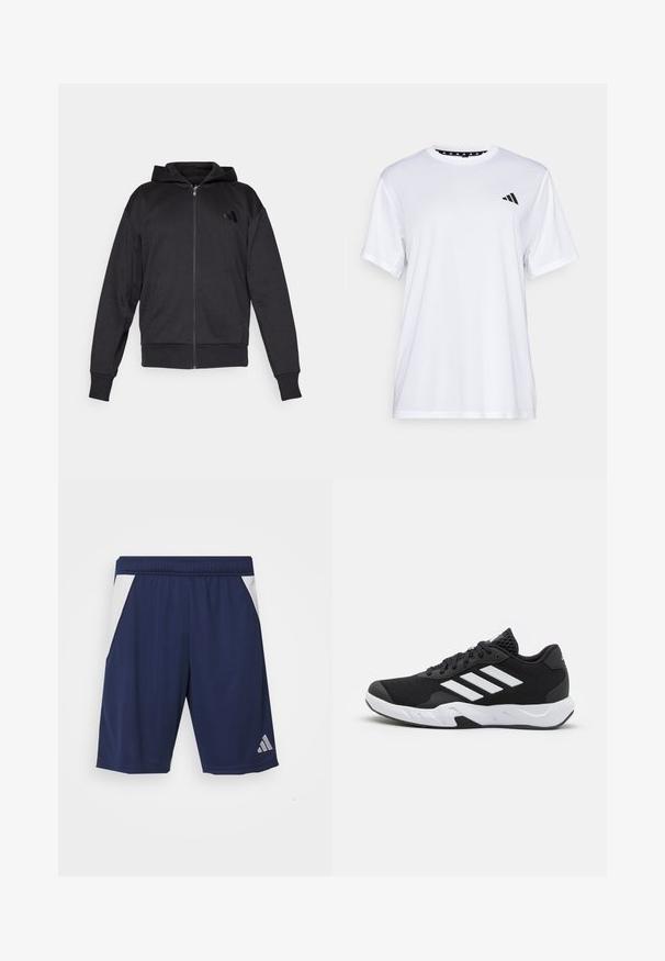 Sudadera con cremallera negra, de manga larga, con bolsillos frontales, puños y dobladillo acanalados, y un pequeño logo en el lado izquierdo del pecho.; Camiseta atlética blanca de manga corta, hecha de una tela que absorbe la humedad. Presenta un logo negro en el lado izquierdo del pecho y un cuello interior con un diseño estampado.; Pantalones cortos deportivos en color azul marino hechos de una tela suave. Cuentan con acentos laterales blancos y una cintura elástica. Incluyen un logo plateado en la pierna izquierda.; Zapatillas deportivas negras con una parte superior de malla texturizada, rayas de acento blancas, suela acolchada y talón reforzado para mayor soporte.