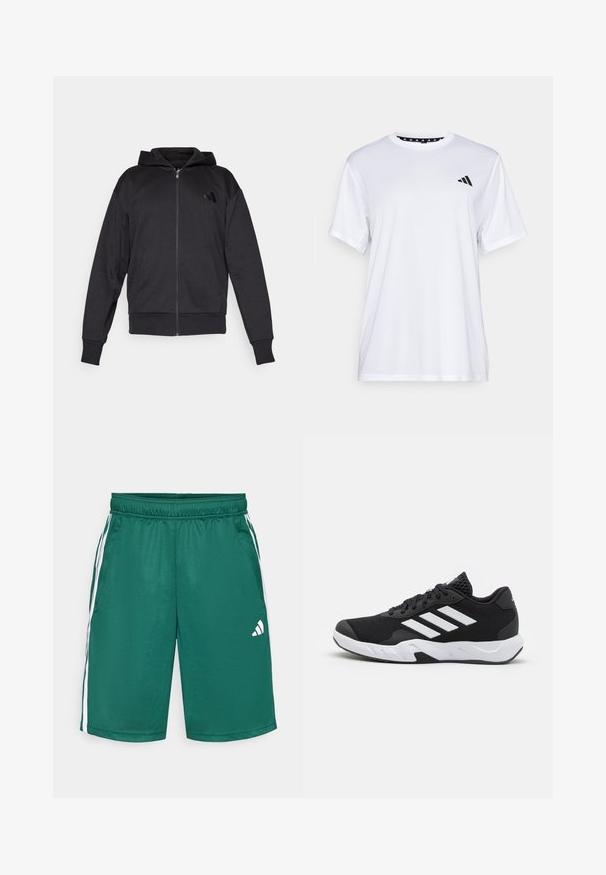Mustat vetoketjuhupparit, joissa on pitkät hihat, etutaskut, ribbauskankaiset hihansuut ja helma, sekä pieni logo vasemmassa rinnassa.; Valkoinen urheilupaita lyhyillä hihoilla, valmistettu kosteutta siirtävästä kankaasta. Vasemmassa rinnassa on musta logo ja kauluksen sisäpuolella on kuvio.; Vihreät urheilushortsit, jotka on valmistettu sileästä ja kevyestä kankaasta. Varustettu valkoisilla sivuraidoilla ja valkoisella logolla oikeassa alareunassa. Elastinen vyötärö.; Mustat urheilukengät, joissa on teksturoitu verkkomateriaali yläosassa, valkoiset korostusraidat, pehmustettu pohja ja vahvistettu kanta tuen vuoksi.