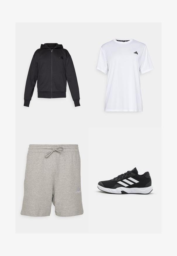 Juoda užtrauktuku užsidėta kapšas su ilgomis rankovėmis, priekinėmis kišenėmis, derančiais rankogaliais ir apvadu, bei maža logotipo etikete kairėje krūtinės pusėje.; Balta sportinė marškinėliai trumpomis rankovėmis, pagaminti iš drėgmę šalinančios medžiagos. Kairėje krūtinės pusėje yra juodas logotipas, o apykaklės viduje yra raštuotas dizainas.; adidas Sportswear Sportiniai šortai - medium grey heather; Juodi sportiniai batai su tekstūruotu tinkliniu paviršiumi, baltais akcentų dryžiais, paminkštintu padu ir sustiprintu kulnu paramai.